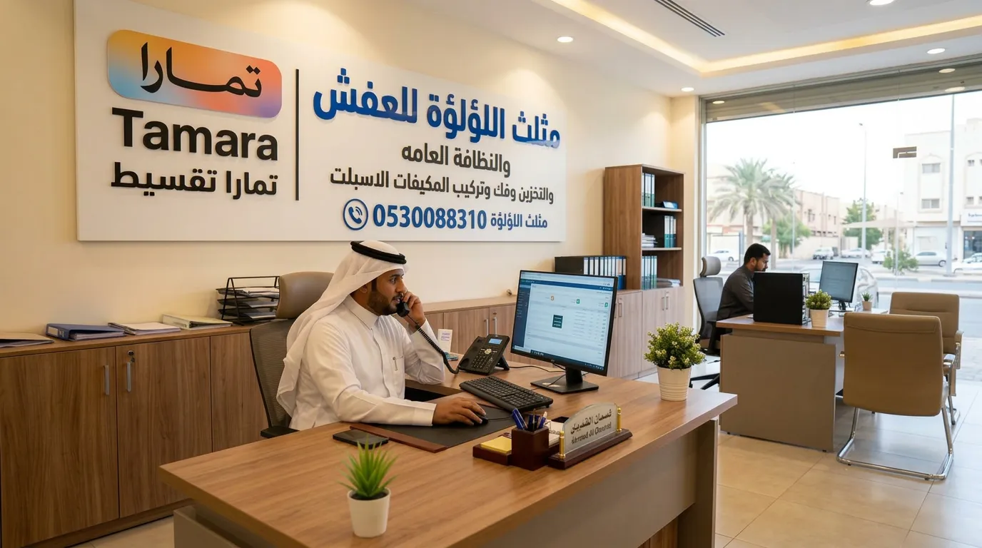 مكتب استقبال شركة مثلث اللؤلؤة لنقل العفش بالمدينة المنورة مع لافتة التقسيط عبر تمارا ورقم التواصل 0530088310